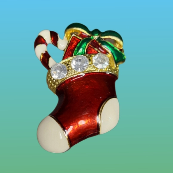 80th Vintage Enamel & Rhinestone Christmas Stocking Candy Cane Brooch - Picture 3 of 6